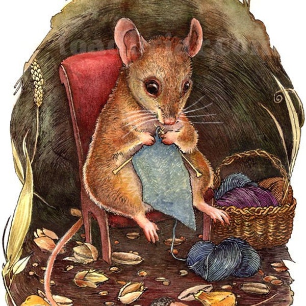 Knitting Mouse Original Watercolor Painting by Kim Parkhurst - Free Shipping in US and Canada