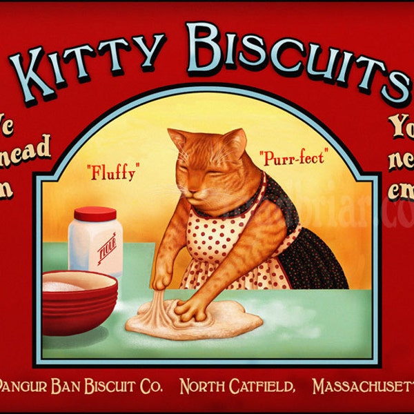 Orange Cat Kitty Biscuits Vintage Style Label Signed Print 8x10