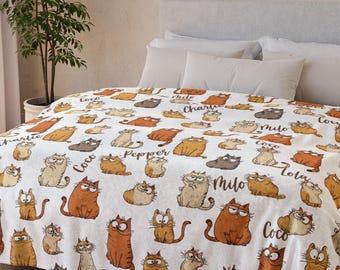 Personalized Cartoon Cats Blanket: Custom Minky Plush Throw