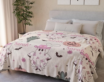 Personalized Halloween Ghost Pumpkin Blanket Custom Pink Western Throw Cozy Fall Spooky Gift