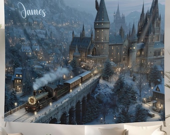 Personalized Wizard School Castle Tapestry Train Magical Fantasy Wall Hanging, Enchanted Castle Decor, Wizarding Bedroom Gift, Custom Name
