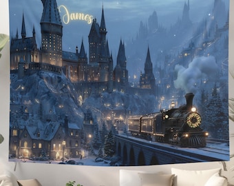 Personalized Wizard Castle Tapestry with Train Fantasy Wall Hanging Decor, Magical Bedroom Decor, Enchanted Castle Wall Art, Wizard Gift