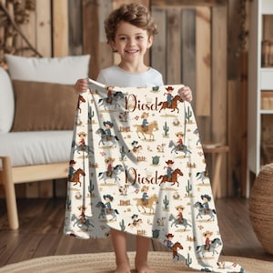 Cobertor de Cowboy Personalizado para Meninos | Cavalos do Oeste Selvagem e Animais de Rancho | Manta de Cowboy Minky Macia | Presente para Crianças, Bebês, Gêmeos e Cowboys