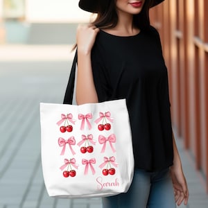 Personalized Pink Bow Coquette Cherry Tote Bag | Cute Feminine Shopping Bag for Women & Girls Stylish Cherry Gift for Her Coquette Aesthetic