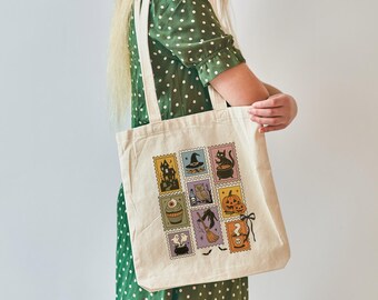 Halloween Stamps Cotton Canvas Tote Bag: Spooky Trick or Treat Bag