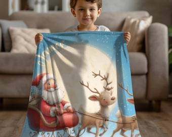 Personalized Boys Christmas Blanket:  Santa Sleigh Reindeer Throw  Custom Name Kids Bed Blanket