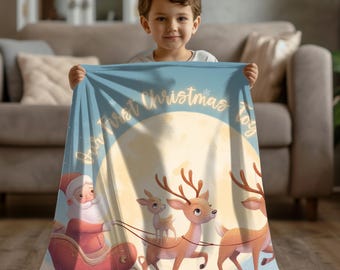 Personalized First Christmas Blanket: Santa, Reindeer Family Fleece Throw