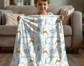 Personalized Blue Christmas Blanket: Santa's Sleigh, Reindeer, Kids Gift