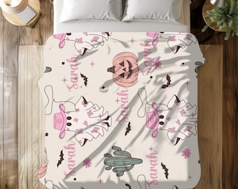 Personalized Pink Ghost Pumpkin Blanket, Spooky Halloween Throw