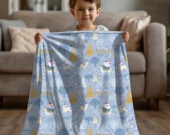 Personalized Christmas Blanket: Santa Sleigh, Reindeer Fleece Throw