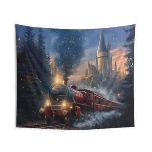 Magical Wizarding School Inspired Wall Tapestry for Kids Bedrooms |  Wizard Enchanted Train & Castle Perfect for Fans of Magic and Adventure