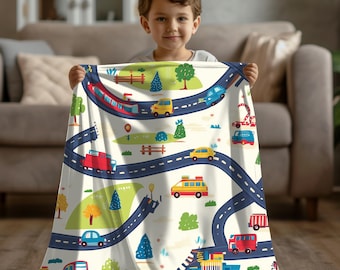 Personalized Cartoon Cars Blanket: Soft Minky Race Track Throw