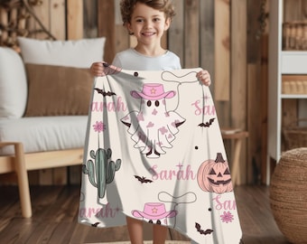 Western Pink Ghost Halloween Blanket Personalized Pumpkin Throw Custom Cozy Spooky Gift