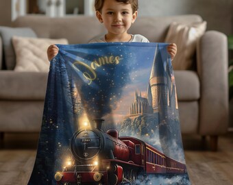 Personalized Wizard Train Blanket Plush Castle Throw Custom Magical Winter Gift for Kids