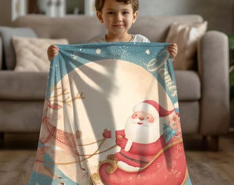 Personalized Christmas Blanket | Santa's Sleigh, Reindeer Fleece Throw