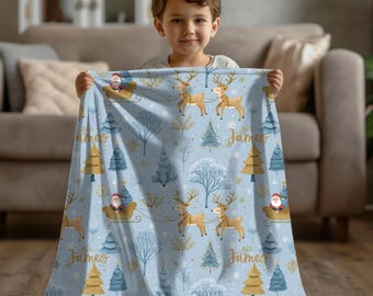 Personalized Blue Christmas Blanket | Santa Sleigh Reindeer Fleece Throw