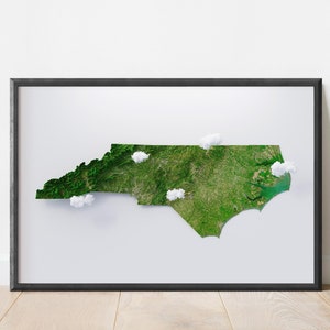 Impression de relief par satellite de la Caroline du Nord | Cartographie d'art de carte stylisée | Relief du terrain en altitude | Topographie en rendu 3D