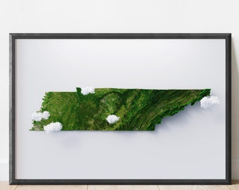 Impresión de arte mural con relieve satelital de Tennessee / Mapa estilizado / Cartografía / Elevación, relieve del terreno / Topografía renderizada en 3D