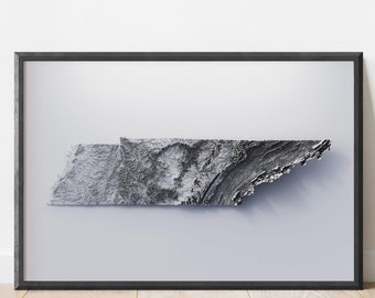 Impresión de relieve minimalista de Tennessee / Cartografía de arte de pared de mapa estilizado / Relieve del terreno de elevación / Misión de topografía de radar de lanzadera 3D