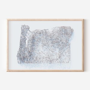 May include: A framed print of a detailed line drawing of the state of Oregon. The drawing is in shades of blue and grey, and the lines are very fine. The print is framed in a light wood frame.