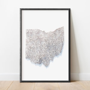 Carte en relief de la topographie des fils de cuivre de l'Ohio | Cartographie d'art de carte stylisée | Décoration murale inspirée de l'art en fil de fer