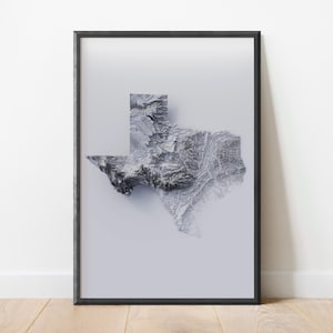 Texas Minimalistische Topographie Reliefkarte | Stilisierte Kartographie | Ansicht Gelände Relief | Topographische Karte als Kunstdruck