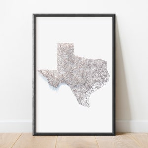 テキサス銅線地形レリーフマップ | 様式化された地図アート地図作成 | ワイヤーアートにインスパイアされたプリント装飾壁アート