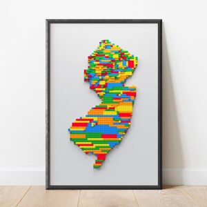New Jersey Stylized Toy Brick Art Topografia Mapa reliefowa | Mapa sztuki Kartografia | Dekoracja ścienna inspirowana klockami budowlanymi