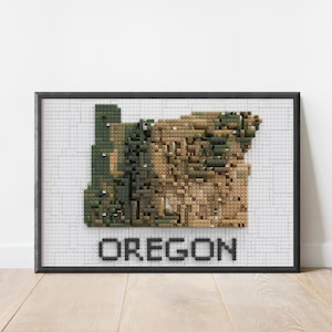 Oregon Stylized Toy Brick Art Relief Mapa | Mapa sztuki Kartografia | Dekoracja ścienna inspirowana klockami budowlanymi