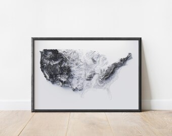 Può includere: Mappa in rilievo in scala di grigi incorniciata degli Stati Uniti. L'opera presenta una rappresentazione topografica dettagliata del paese, con varie sfumature di grigio e nero. La mappa è racchiusa in una cornice nera, adatta per l'arredamento murale.