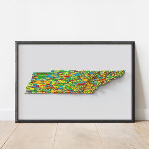 Tennessee Toy Brick Relief Mapa Sztuka | Stylizowana Mapa Sztuka Kartografia | Building Block Inspired Print Decor Wall Art