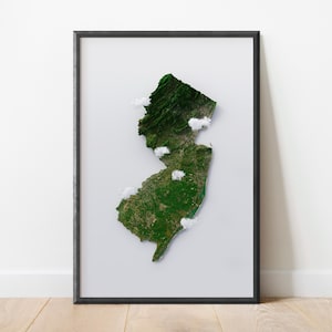 Mapa de relieve de topografía satelital de Nueva Jersey Arte de pared / Cartografía estilizada / Relieve del terreno de elevación / Impresión de mapa topográfico