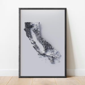 カリフォルニア様式化されたミニマリストのレリーフマップ | アート地図作成 | 標高地形レリーフ | 3D シャトル レーダー地形ミッションの視覚化