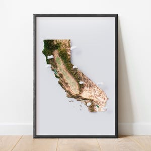 Carte en relief satellite stylisée de Californie | Cartographie artistique | Relief du terrain en altitude | Visualisation de la mission topographique 3D du radar de la navette