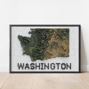 Waszyngton Stylizowana zabawka Cegła Sztuka Relief Mapa | Mapa Sztuka Kartografia | Budowanie Klocki Lego Inspirowane Wydruk Dekoracja Ścienna