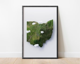 Könnte beinhalten: Eine 3D-Reliefkarte des Bundesstaates Ohio mit weißen Wolken, die darüber schweben. Die Karte ist auf weißem Hintergrund gedruckt und in einem schwarzen Rahmen gerahmt.