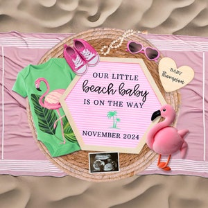 Flamingo Schwangerschaftsankündigung, digitale erwartete Karte mit Baby Scan, Canva-Vorlage, rosa Ankündigung für die Schwangerschaft