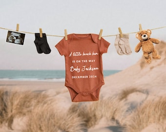 Anuncio de embarazo de Boho Beach con escaneo de bebé, anuncio de género neutro para un nuevo bebé, plantilla de Canva digital, plantilla editable