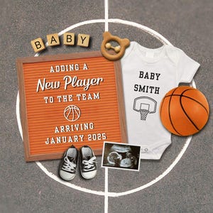 Schwangerschaftsankündigung für neue Spieler, Basketballplatz Baby Reveal, Digitale Canva Vorlage, Sport Baby Reveal, Bearbeitbare Vorlage