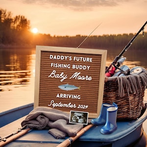 Daddy's Zukunft Angler Buddy Schwangerschaftsankündigung, neues Baby Jungenankündigungskarte, Canva-Vorlage