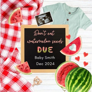 Wassermelonensamen Schwangerschaft enthüllen, Obstankündigung für neues Baby, bearbeitbare Canva-Vorlage, digitale erwartete Karte, Wassermelonen-Baby offenbaren