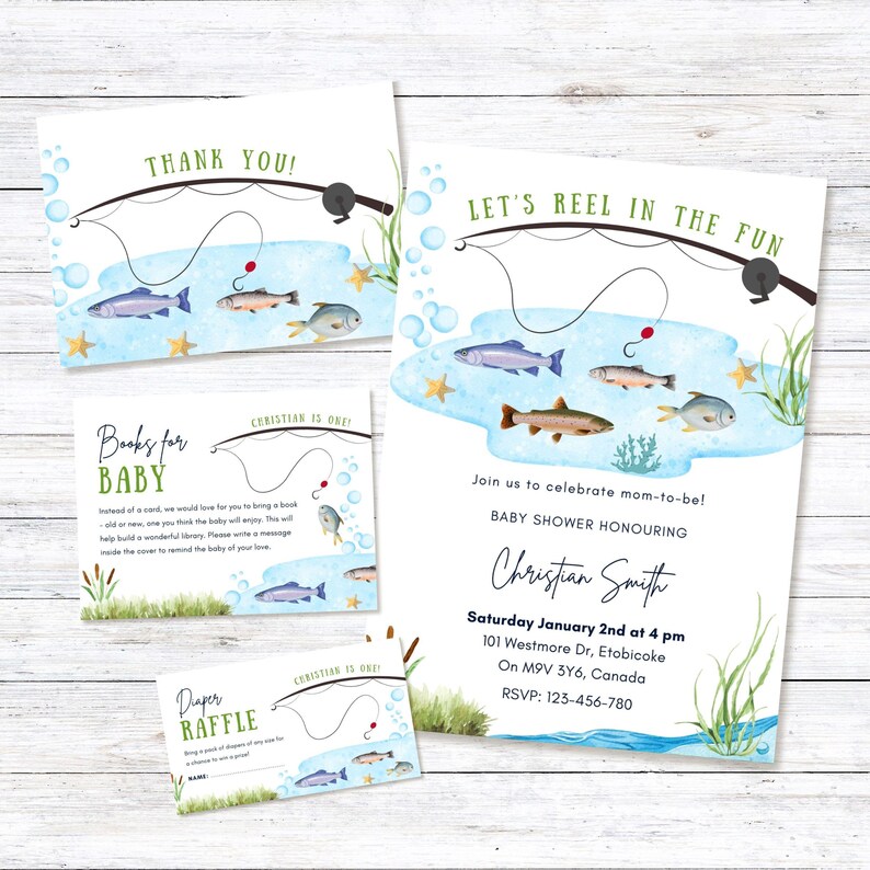 Fish Theme Raffle Fishing Themed Baby Shower Invitation, Canva Template Bundle, Diaper ...
