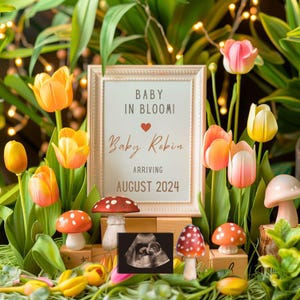 Pilze Schwangerschaftsankündigung, Baby Enthüllung Vorlage Auf Canva, Digitale Babymitteilung Mit Pilzen Und Tulpen