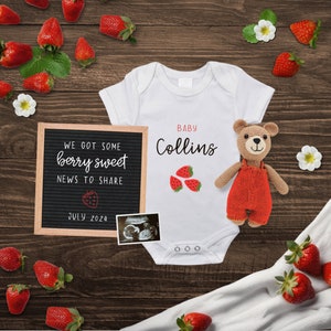 Beere Schwangerschaftsankündigung, Canva-Vorlage, digitale Ankündigung für neues Baby, Erdbeeren Schwangerschaftsankündigung, Baby-scan-Vorlage