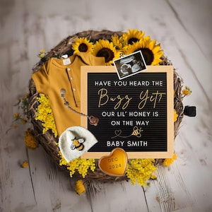 Honigbiene Schwangerschaftansage mit Sonnenblumen, digitale Baby offenbaren, Canva Vorlage, kundenspezifische offenbaren für neues Baby, Bienen Schwangerschaft enthüllen