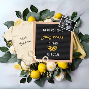 Zitronen Schwangerschaftsankündigung mit Blätterkranz, Baby Scan Geschenk für Großeltern zu sein, Druck zu Hause Vorlage für Canva, digitaler Download