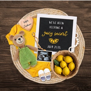 Zitrusfrüchte Schwangerschaftsankündigung mit Teddybär, Unisex-Babyankündigung, Geschenk für Oma zu sein, digitale Canva-Vorlage, Zitronenankündigung