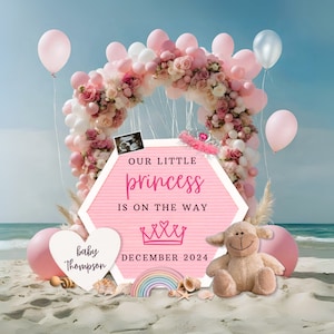 Faire-part de grossesse princesse, carte de grossesse à imprimer pour petite fille, modèle sur toile, faire-part de grossesse petite fille avec ballons