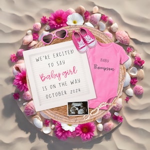 Floral Strand Schwangerschaftansage, Babymädchen, die Karte erwarten, digitale Vorlage für Canva, rosa Ankündigung für die Schwangerschaft