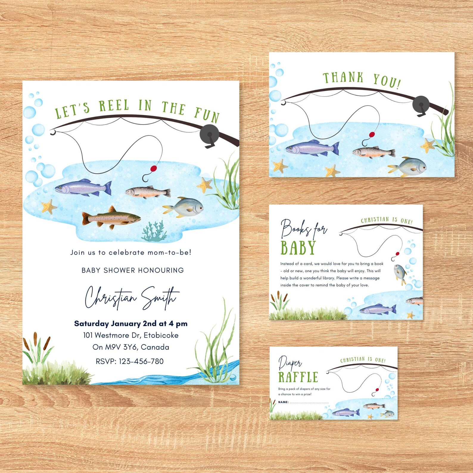 Fish Theme Raffle Box Fishing Themed Baby Shower Invitation, Canva Template Bundle, Diaper ...